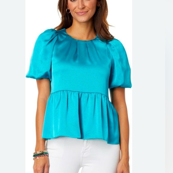 Lilly Pulitzer, Blakelynn Blue Rhapsody Puff Sleeve Satin Blouse Top, SZ Small 2 - Picture 1 of 12